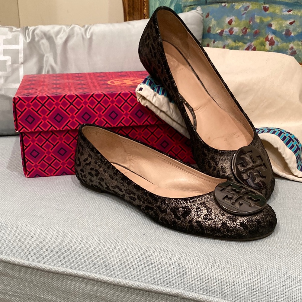 Tory Burch Black Metallic Leopard Ballet Flats Size 8